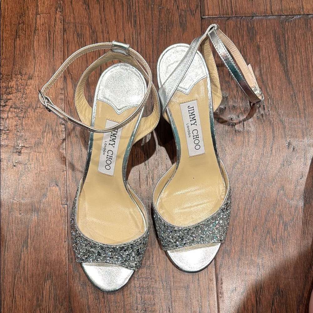 Jimmy Choo Silver Glitter Ankle-Strap Sandals